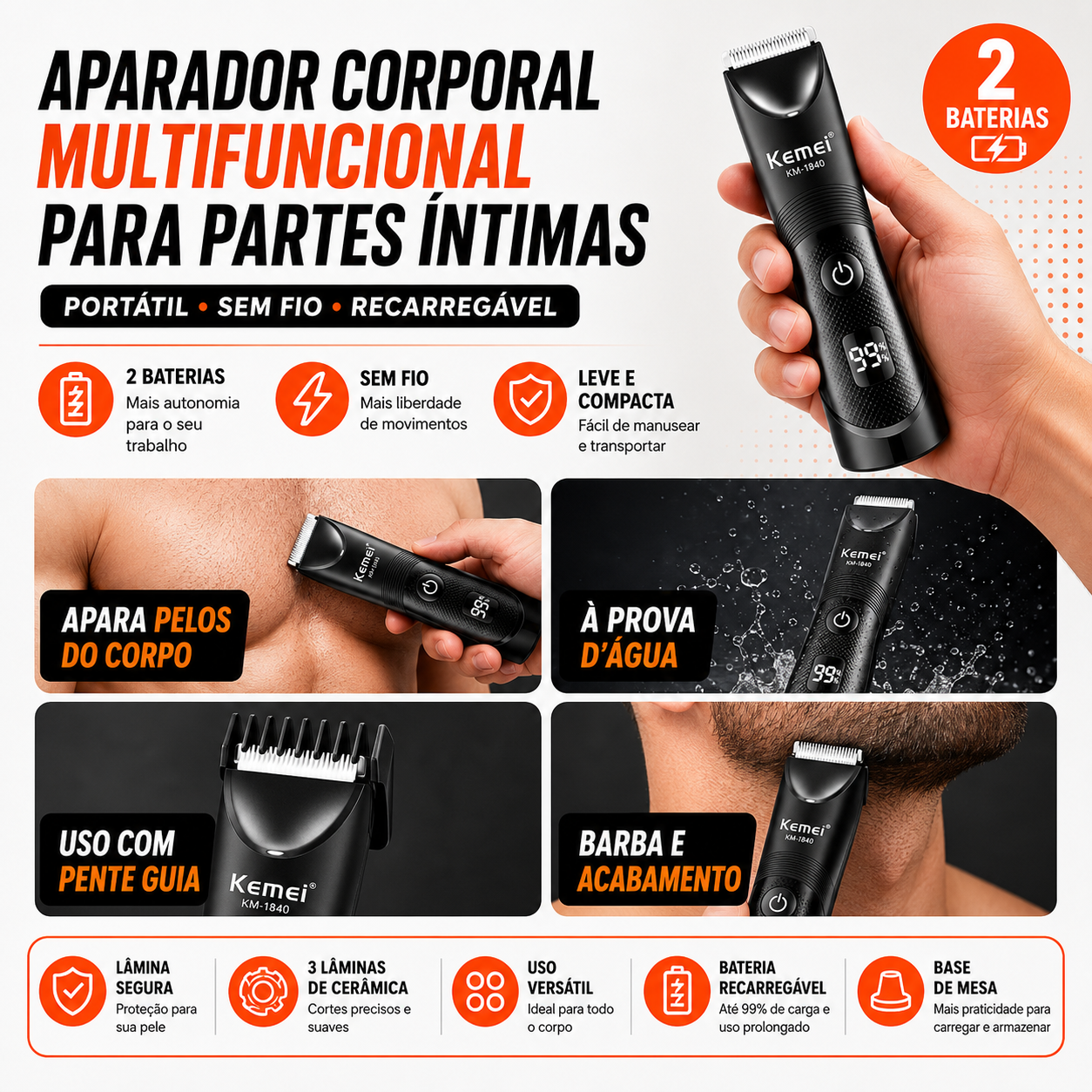Aparador Corporal Multifuncional — pente guia e acabamento da barba